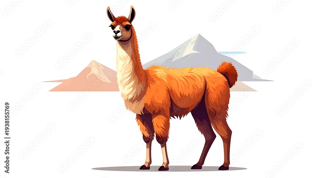 Naklejka premium Stylized illustration of a llama standing in front of mountains, rendered in shades of brown and cream