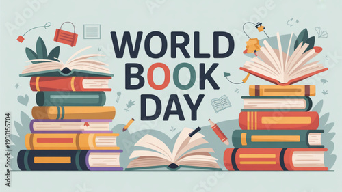 World book day celebration with stacked books and reading accessories on a light background