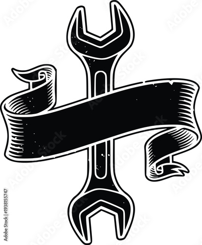 Vintage Wrench with Ribbon Banner Emblem – Mechanic Workshop Badge Vector