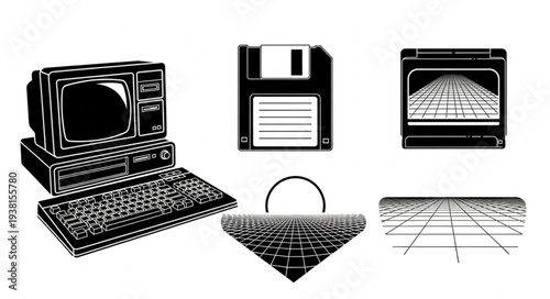 Retro computer technology and data storage icons.
