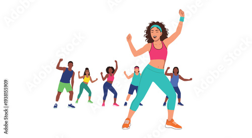 A group of six diverse individuals, led by a woman in pink and teal, enthusiastically performs a dynamic Zumba dance routine against a white background.