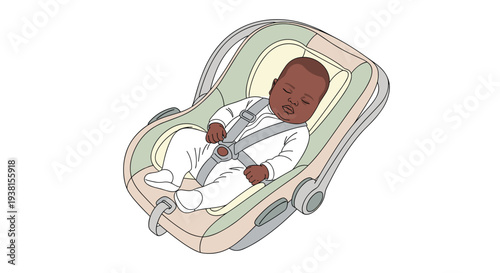 A sleeping infant with dark skin is safely secured in a light green and beige car seat against a clean white background.