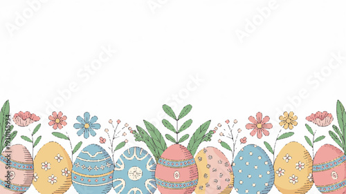 Colorful easter eggs with flowers and leaves arranged in a row on white background pastel colors decorative pattern