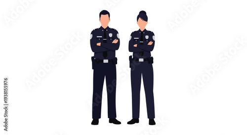 A male and a female police officer in dark blue uniforms with arms crossed are standing side-by-side.