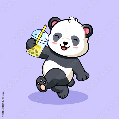 Happy Cartoon Panda Holding Boba Bubble Tea Vector Illustration Kawaii Design