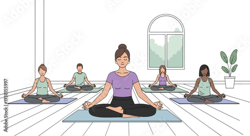Five diverse individuals, led by an instructor, are practicing yoga in lotus position on mats within a bright room with a window.