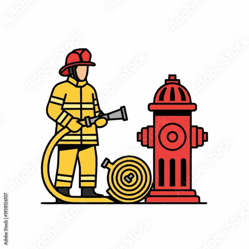 Firefighter holding hose near red hydrant illustration.