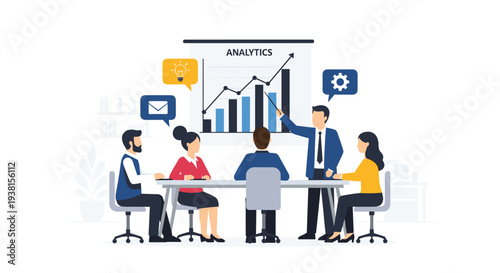 Five diverse business professionals are gathered around a conference table, observing a man presenting analytics on a large screen.