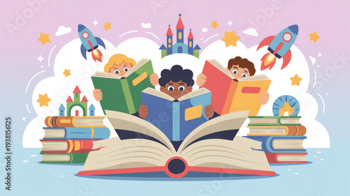 Children reading books surrounded by educational toys and fantasy elements in a dreamy setting