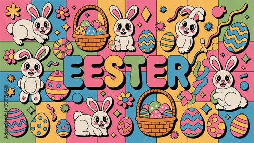 Colorful easter illustration with bunnies eggs and baskets in vibrant pastel colors perfect for spring holiday designs and decorations