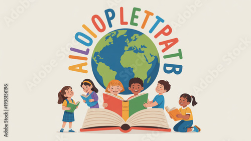 Diverse children reading books around a globe with colorful letters education concept