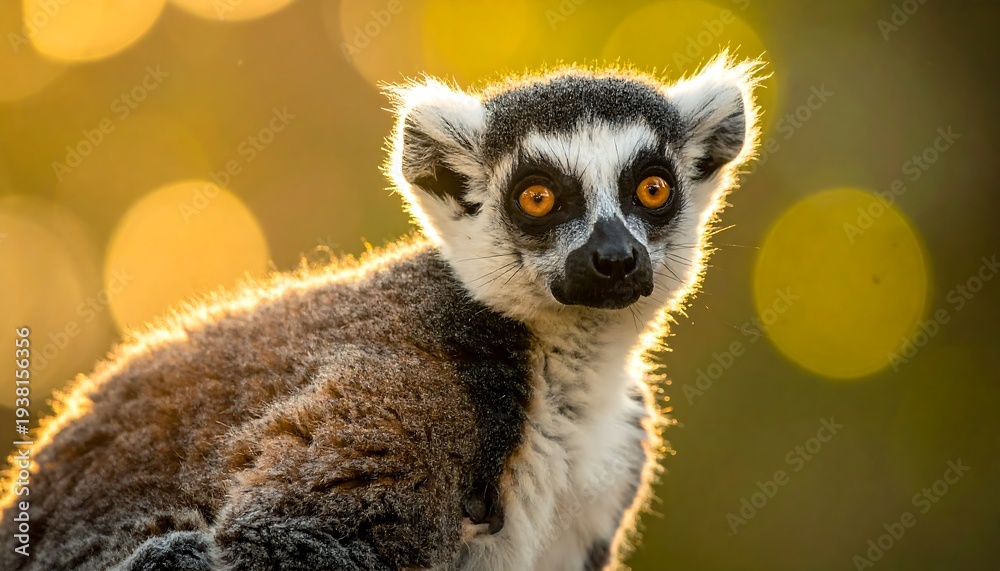 Fototapeta premium Striking lemur portrait, illuminated by a warm, golden bokeh background, showing curious orange eyes