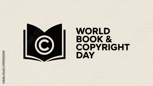 World book and copyright day logo with open book and copyright symbol on beige background