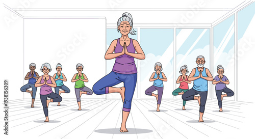 A diverse group of eight elderly individuals, led by a female instructor, practices the tree pose during a yoga class in a brightly lit modern studio.