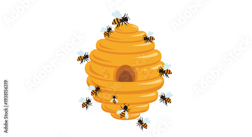 A large, golden, conical beehive, resembling a traditional skep, is surrounded by numerous striped bees flying and resting on its textured surface against a white background.