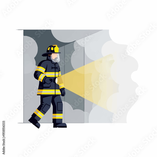 Firefighter in protective gear with flashlight illuminating smoke.