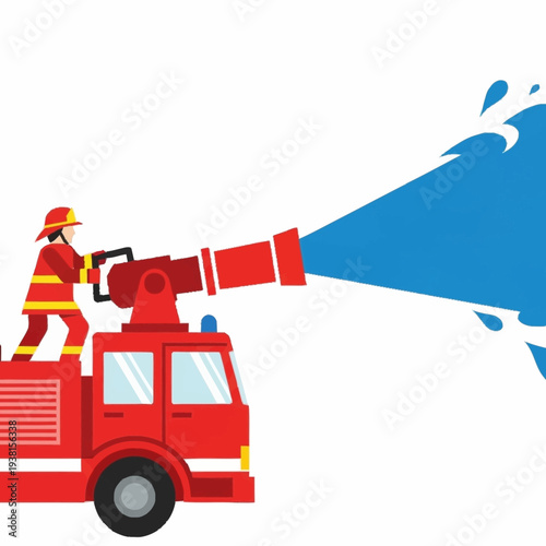 Firefighter operating a powerful water cannon from a red fire truck.