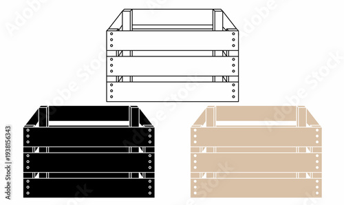 Wooden crate storage box.for packaging graphics, storage icons, logistics design,and rustic packaging concepts. wooden box icon set. vector illustration in outline, silhouette, and wood brown color