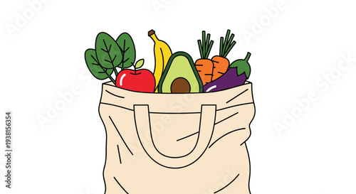 A beige reusable tote bag is depicted overflowing with a colorful variety of fresh fruits and vegetables against a white backdrop.