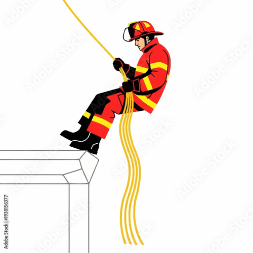 Firefighter rappelling down building with rope safety gear.