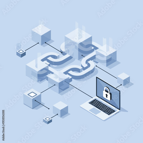 Isometric illustration of a laptop with a padlock on the screen surrounded by interconnected blocks.