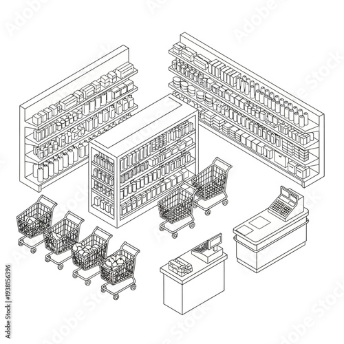 Isometric illustration of a supermarket with shelves and shopping carts.