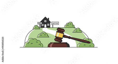 A large wooden gavel rests on a sound block in the foreground, with a house and SOLD and AUCTION signs on a green hill in the background.