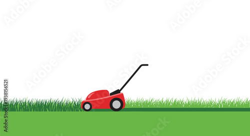 A red lawnmower is actively cutting a distinct strip of vibrant green grass against a clean white background.