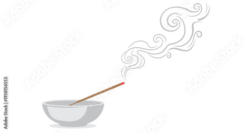 A single incense stick is burning in a small light grey bowl, emitting elegant swirling tendrils of white smoke against a pure white background.