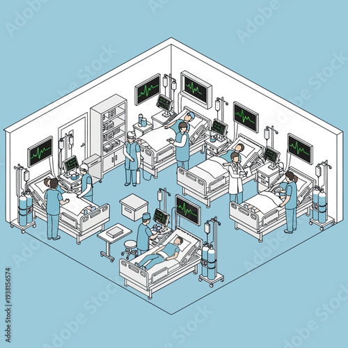 Isometric Hospital Ward with Medical Staff and Patients.
