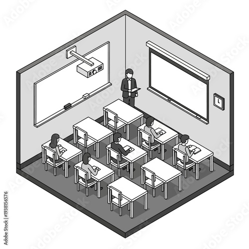 Isometric illustration of a classroom with students and teacher.