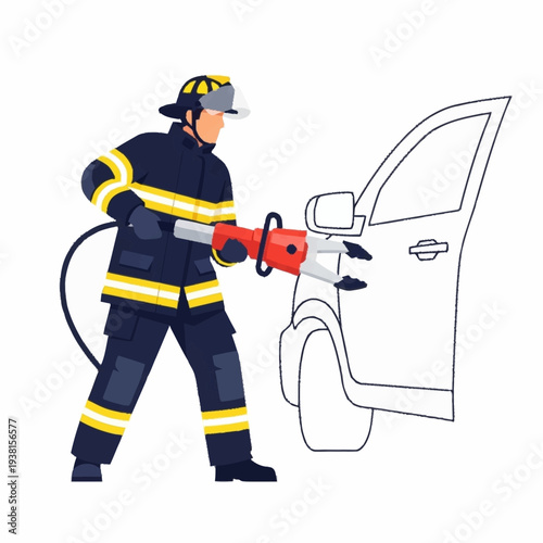 Firefighter using rescue tool on car door.