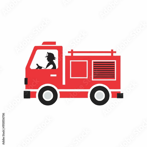 Illustration of a red fire truck with a firefighter driving.
