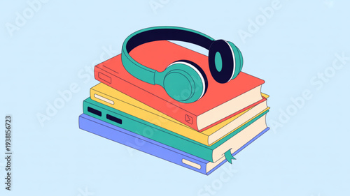 Colorful stacked books with headphones on top for learning and relaxation in a cozy setting