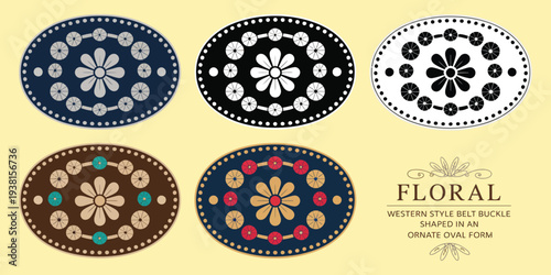 floral label belt buckle cowgirl style tag design rhinestones jewels flower stylized silhouette, western rodeo collection vector design, decorative accessory emblem for rank title award, vintage count