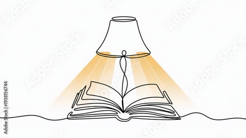Open book with glowing desk lamp on top reading concept with warm light beam