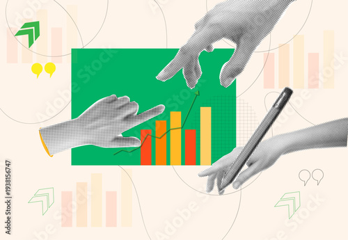Creative halftone collage of hands analyzing business growth chart ,financial data analysis,investment strategy,market statistics ans business analytics concept