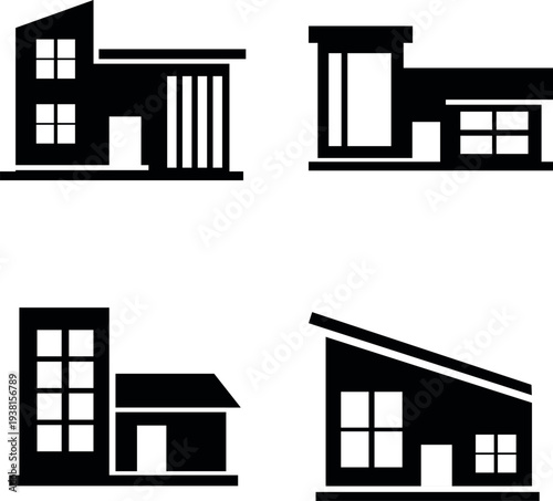 Minimalist black and white icons depicting various modern building facades