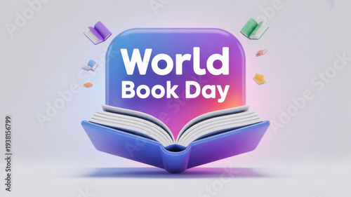 Vibrant world book day illustration with open book and colorful flying books