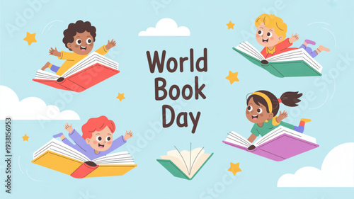 Diverse children reading books flying in sky with clouds and stars on world book day