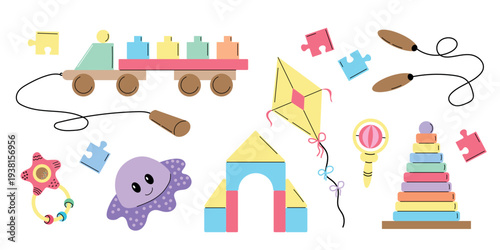 Colorful baby toys collection featuring toy train, building blocks, puzzle pieces, kite, rattle, stacking rings, octopus plush, jump rope, and educational pyramid in soft pastel colors