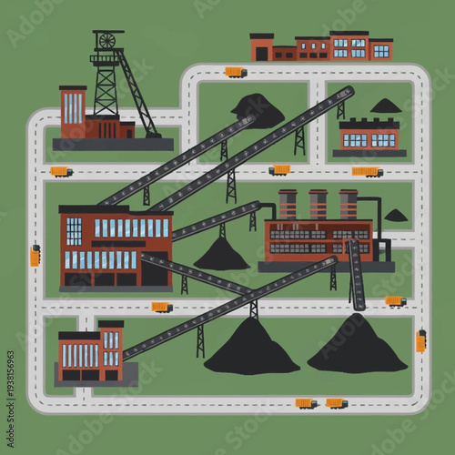 Industrial Coal Mining and Processing Facility with Conveyor Belts.