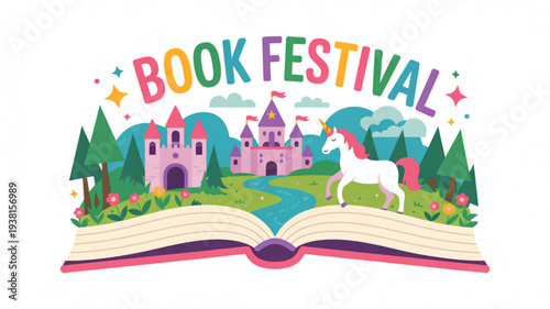 Vibrant book festival illustration with unicorn castle and open book on white background surrounded by trees and flowers