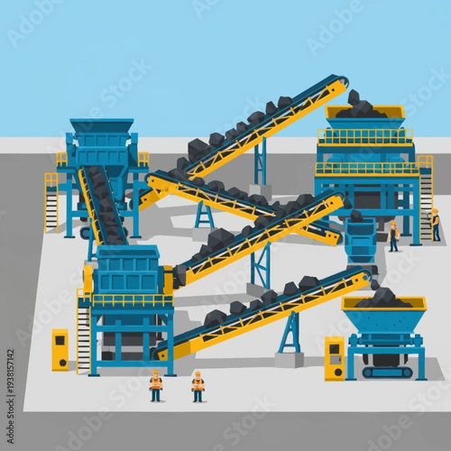Industrial Coal Processing Plant Conveyor System Illustration.