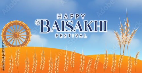 Happy Baisakhi Festival Landscape Banner with Wheat Field, Blue Sky and Traditional Harvest Theme
