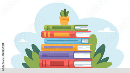 Stack of colorful books with a small potted plant on top surrounded by green leaves and blue cloudy background