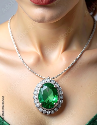 Close-up of a woman's neck and chest, adorned with a green gem pendant necklace