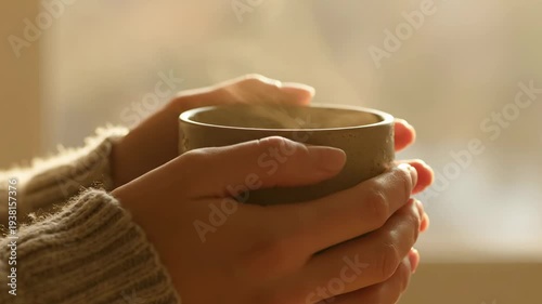 Warm Hands Holding a Cozy Cup of Tea in a Soft Natural Light