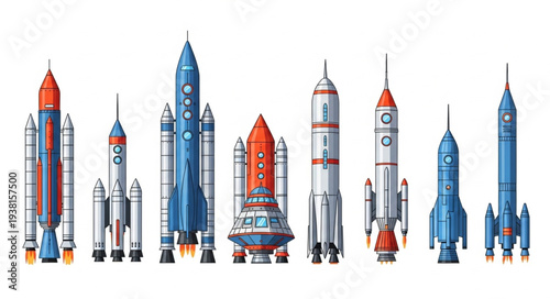 Collection of diverse rockets and spacecraft lined up.