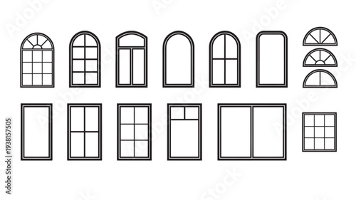 Windows set with various shapes and grid patterns, including arched, rectangular, and semicircular designs